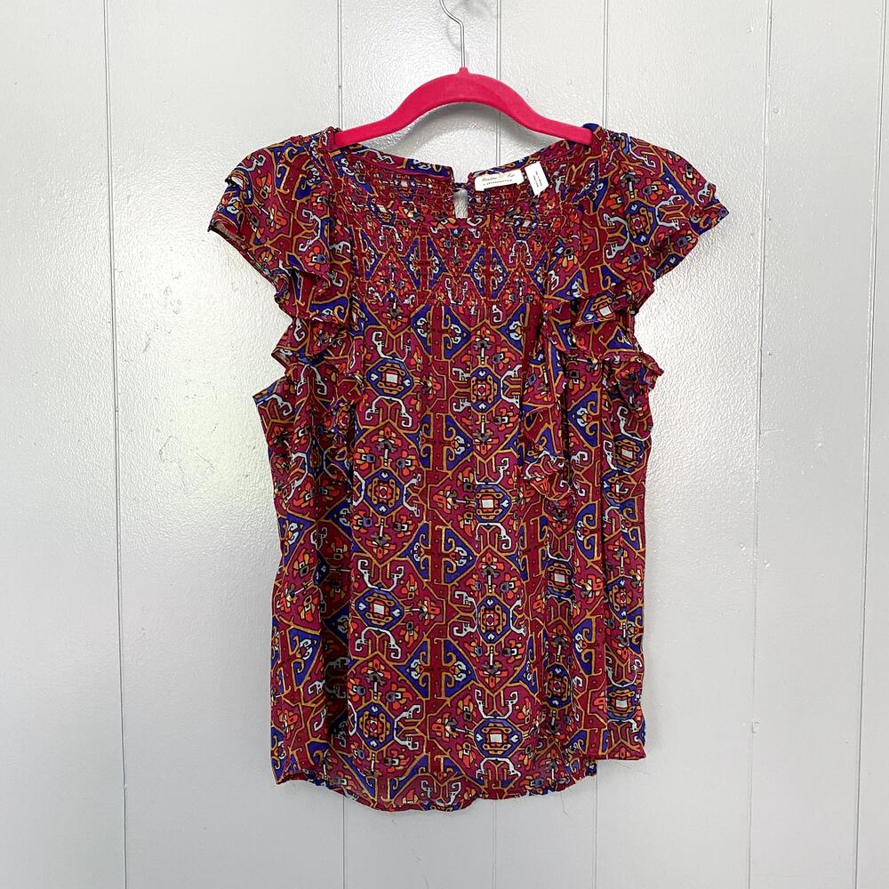 Anthropologie Meadow Rue Red Print Majolica Flutter Sleeve Smocked Boho Top 6 - Picture 3 of 9